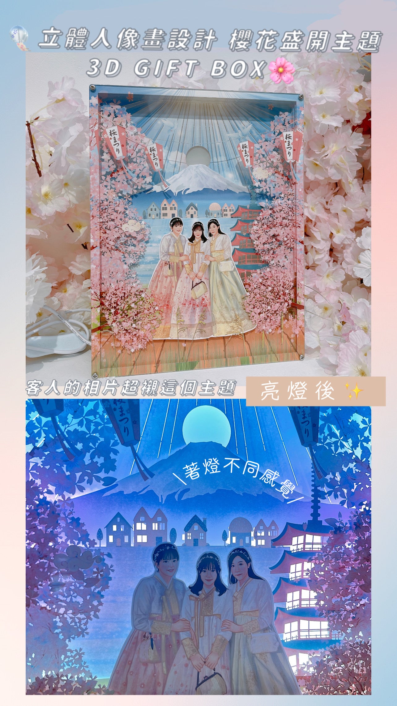 立體人像畫設計 櫻花盛開佈景盒3D GIFT BOX