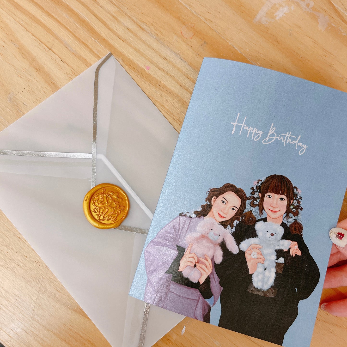 2人 人像畫生日卡 連燙金信封和蠟印章
